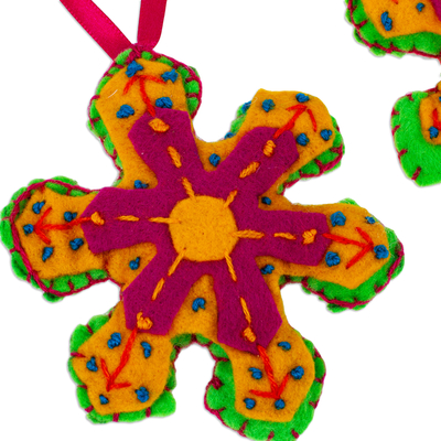 Felt ornaments, 'Multicoloured Snowflakes' (pair) - 2 Snowflake Felt Ornaments Crafted & Embroidered by Hand