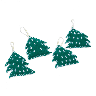 Felt ornaments, 'Christmas is Here' (set of 4) - 4 Pine Tree Felt Ornaments Crafted and Embroidered by Hand