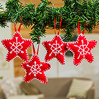 Felt ornaments, 'Lovely Constellation' (set of 4) - Set of 4 Handcrafted Star Felt Ornaments in a Red Tone