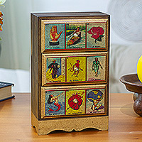 Decoupage jewelry box, 'Loteria of Secrets' - Handmade Pine Wood Decoupage Loteria Jewelry Box from Mexico