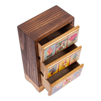 Decoupage jewellery box, 'Loteria of Secrets' - Handmade Pine Wood Decoupage Loteria jewellery Box from Mexico