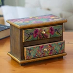 Decoupage jewelry box, 'Floral Hummingbirds' - Decoupage on Pinewood Jewelry Box with Flowers & Hummingbird