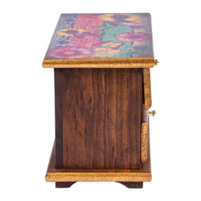 Decoupage jewelry box, 'Floral Hummingbirds' - Decoupage on Pinewood Jewelry Box with Flowers & Hummingbird
