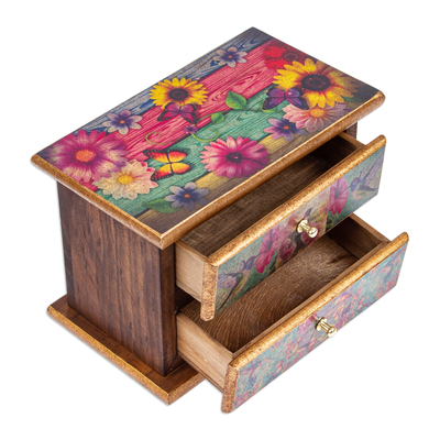 Decoupage jewellery box, 'Floral Hummingbirds' - Decoupage on Pinewood jewellery Box with Flowers & Hummingbird