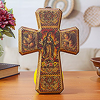 Decoupage cross, 'Virgin of Guadalupe and Angels'