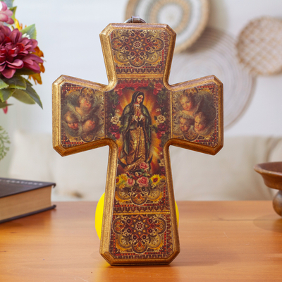 Decoupage cross, 'Virgin of Guadalupe and Angels' - Decoupage on Pinewood Cross of The Virgin of Guadalupe