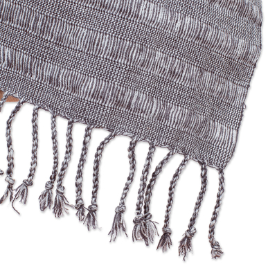 Cotton scarf, 'Grey Catwalks' - Grey Cotton Scarf with Braided Fringes Handloomed in Mexico