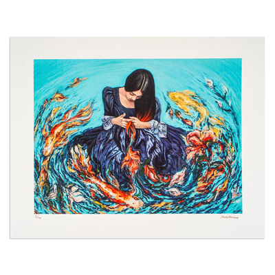 Impresión Giclee sobre lienzo, 'Aquatic Weaver' de Laura Villanueva - Impresión Giclee surrealista estirada firmada de una mujer y un pez