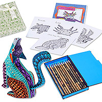 Curated gift box, 'Oaxaca Traditions' - Mexico Alebrije Art Gift Box Sculpture-Coloring Cards–Pencil