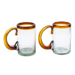 Handblown beer glasses, 'Amber Rim' (pair) - 2 Hand Blown Recycled Beer Glasses with Amber Handle and Rim