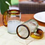 Handblown beer glasses, 'Amber Rim' (pair) - 2 Hand Blown Recycled Beer Glasses with Amber Handle and Rim