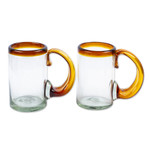 Handblown beer glasses, 'Amber Rim' (pair) - 2 Hand Blown Recycled Beer Glasses with Amber Handle and Rim