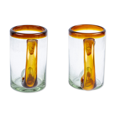 Blown recycled glass beer glasses, 'Amber Beer' (pair) - 2 Hand Blown Recycled Beer Glasses with Amber Handle and Rim