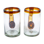 Handblown beer glasses, 'Amber Rim' (pair) - 2 Hand Blown Recycled Beer Glasses with Amber Handle and Rim