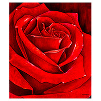 'Pétalos de rosa' - Pintura al óleo realista estirada firmada de una rosa roja