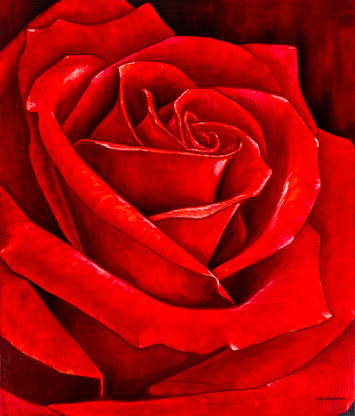 'Rose Petals' - Pintura al óleo realista estirada firmada de una rosa roja