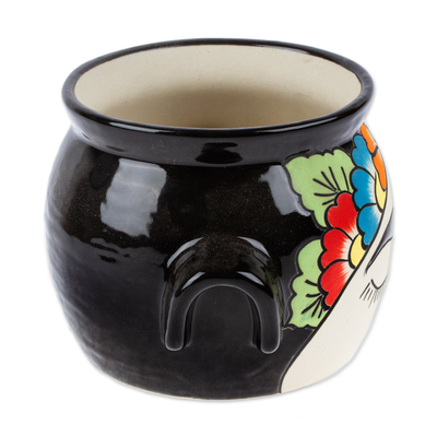 Ceramic flower pot, 'Natural Frida' - Handcrafted Ceramic Flower Pot Inspired by Frida Kahlo