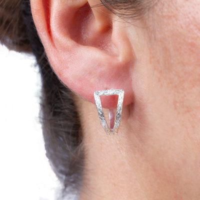 Sterling silver hoop earrings, 'Pyramids of Tomorrow' - Modern Sterling Silver Hoop Earrings with Textured Accents