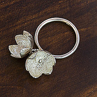 Sterling silver charm ring, 'Ethereal Spring' - Polished Sterling Silver Charm Ring with Floral Details