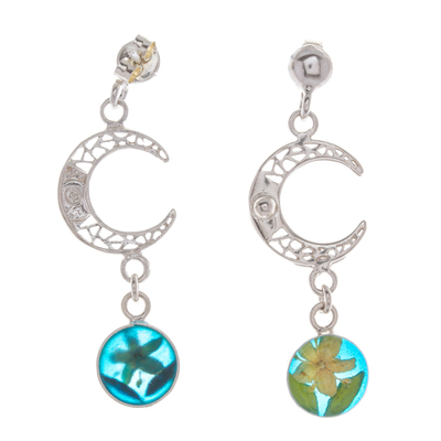 Sterling silver dangle earrings, 'Spring Moons' - Sterling Silver Moon Dangle Earrings with Natural Flowers