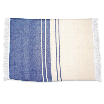 Cotton placemat, 'Sapphire Break' - Handloomed Blue and Ivory Cotton Placemat with Fringes