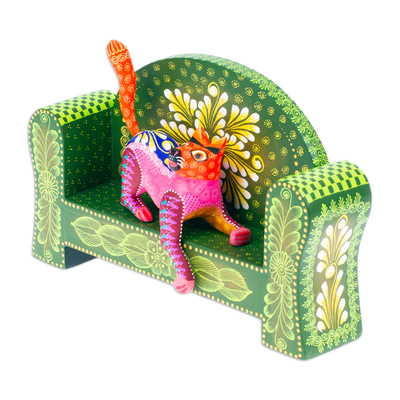 Wood alebrije sculpture, 'Carnation Cat on a Bench' (2 pieces) - Handmade Pink and Green Wood Alebrije Sculpture (2 Pieces)