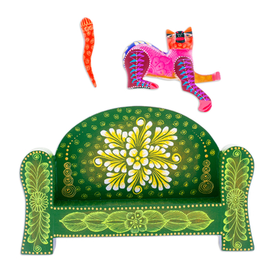 Wood alebrije sculpture, 'Carnation Cat on a Bench' (2 pieces) - Handmade Pink and Green Wood Alebrije Sculpture (2 Pieces)