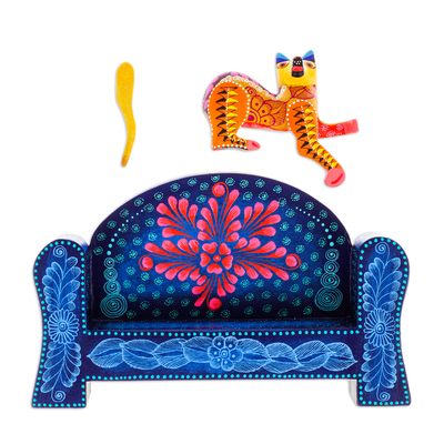 Wood alebrije sculpture, 'Chartreuse Cat on a Bench' (2 pieces) - Handmade Yellow and Blue Wood Alebrije Sculpture (2 Pieces)