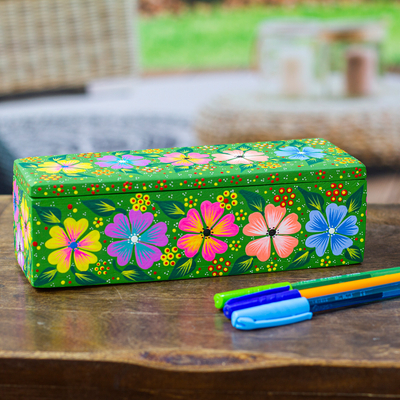 Decorative wood box, 'Floral Festival' - Mexican Decorative Wood Box Hand-Painted with Floral Motifs