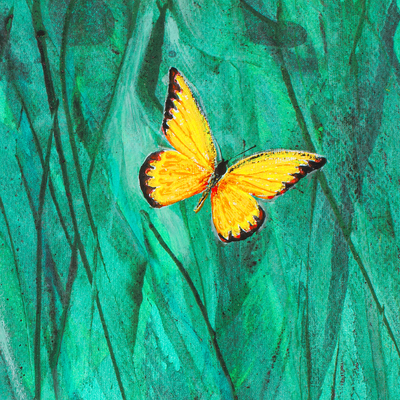 'Green Grassland' - Acrylic and Dyes on Paper Expressionist Butterfly Painting