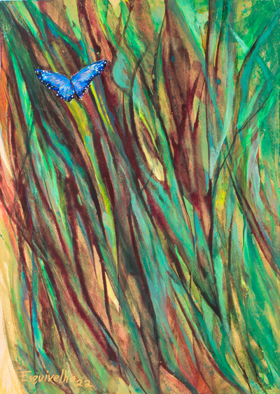 'Grassland with Butterfly' - Acrylic and Dyes on Paper Expressionist Butterfly Painting