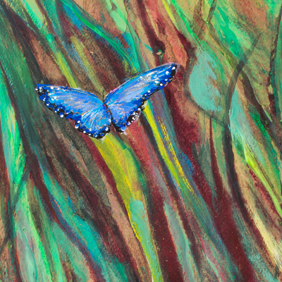 'Grasland mit Schmetterling' - Acryl und Farbstoffe auf Papier, expressionistische Schmetterlingsmalerei