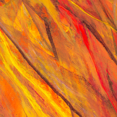 'Fire Red Grassland' - Acryl und natürliche Farbstoffe auf Papier, abstraktes Gemälde eines Feuers