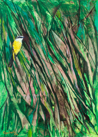 Acrylic Painting of A Great Kiskadee in The Grasslands