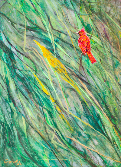 Acrylic and Dyes on Paper Painting of Red Bird in Grasslands