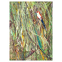 „Vogel in grüner Natur“ – Acryl- und Naturfarben auf Papier, Gemälde eines Vogels in der Natur