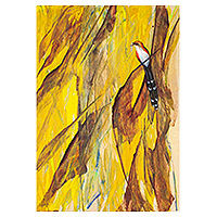 'Cuco en un árbol de eucalipto' - Acrílico y tintes sobre papel Pintura de un pájaro cuco en un árbol