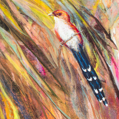 'Cuckoo in Rainbow Grassland' - Acrílico y Tintes Naturales sobre Papel Pintura de Un Pájaro Cuco