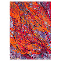 „Feuer im lila Grasland“ – Abstraktes Feuergemälde aus Acryl und Farbstoffen auf Papier