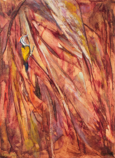 Acrylic and Natural Dyes on Paper Painting of A Woodpecker