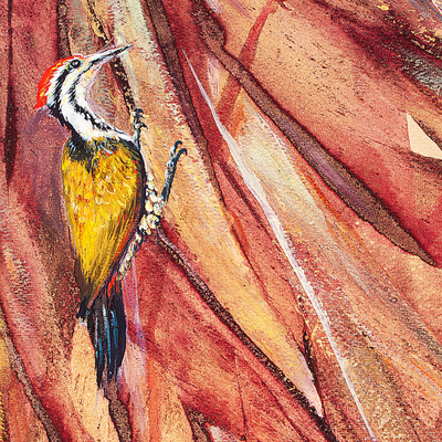 'Woodpecker on Log' - Acrílico y Tintes Naturales sobre Papel Pintura de Un Pájaro Carpintero