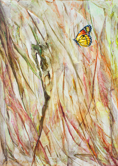 Acrylic & Dyes on Paper Painting of Butterfly in Grasslands