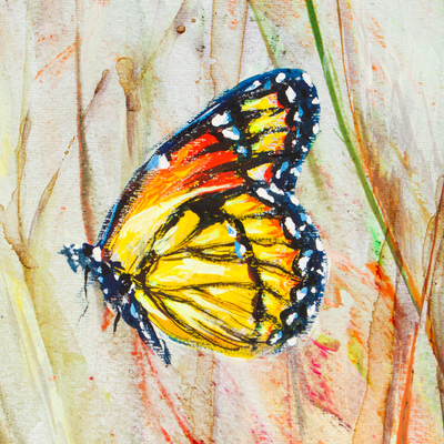 'Yellow Butterfly in Grassland' - Acrylic & Dyes on Paper Painting of Butterfly in Grasslands