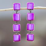 Gold-accented fused glass dangle earrings, 'Dichroic Fuchsia' - Fused Glass Dangle Earrings with Gold Accents in Fuchsia
