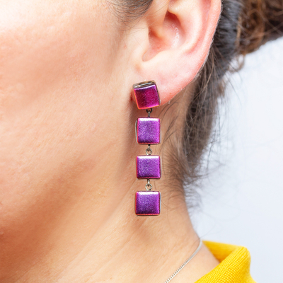 Gold-accented fused glass dangle earrings, 'Dichroic Fuchsia' - Fused Glass Dangle Earrings with Gold Accents in Fuchsia