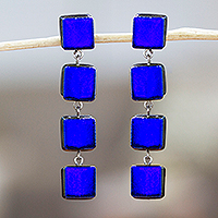 Gold-accented fused glass dangle earrings, 'Dichroic Blue' - Fused Glass Dangle Earrings with Gold Accents in Royal Blue