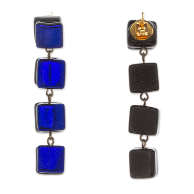 Gold-accented fused glass dangle earrings, 'Dichroic Blue' - Fused Glass Dangle Earrings with Gold Accents in Royal Blue
