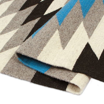 Wool area rug, 'Turquoise Rays' (4x6.5) - Turquoise and Grey Patterned Wool Area Rug (4x6.5)