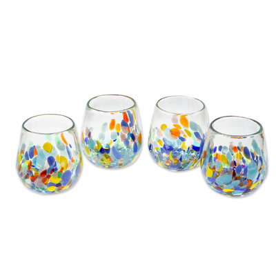 Handblown stemless wine glasses, 'Confetti Festival' (set of 4) - Set of 4 Vibrant Handblown Stemless Wine Glasses from Mexico