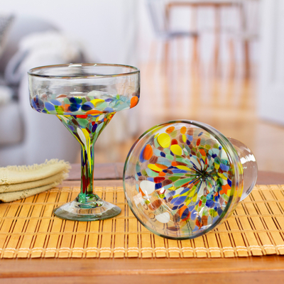 Handblown recycled glass margarita glasses, 'Chromatic Gala' (pair) - 2 Eco-Friendly Handblown Recycled Glass Margarita Glasses